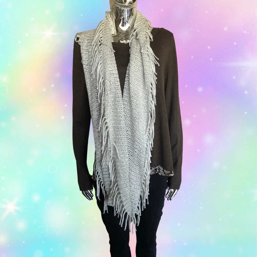 Gray Knit Fringe Infinity Scarf Lightweight